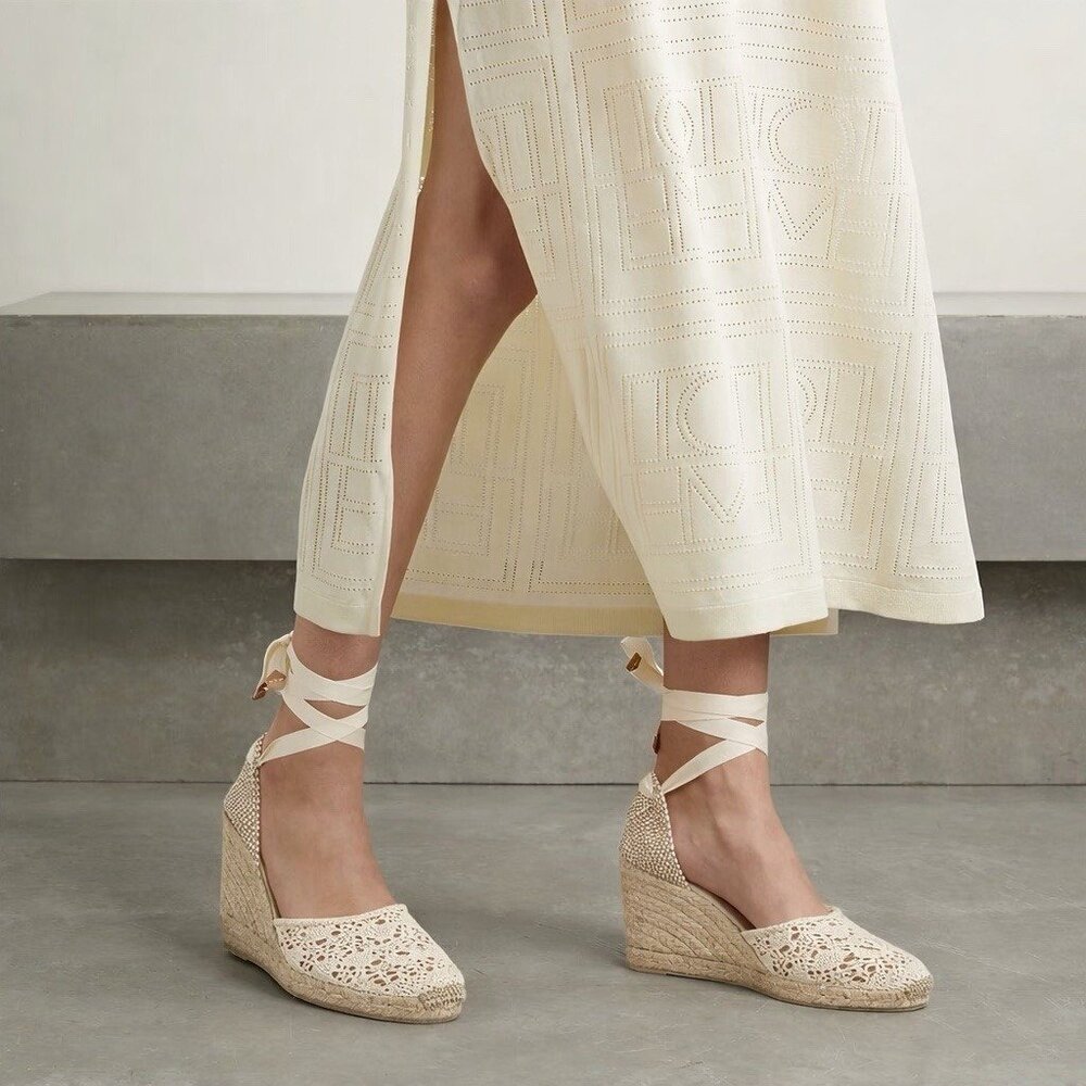 Castañer Carina Crochet Lace Wedge Espadrille Size 36 US 6 Natural Ankle Tie Up
